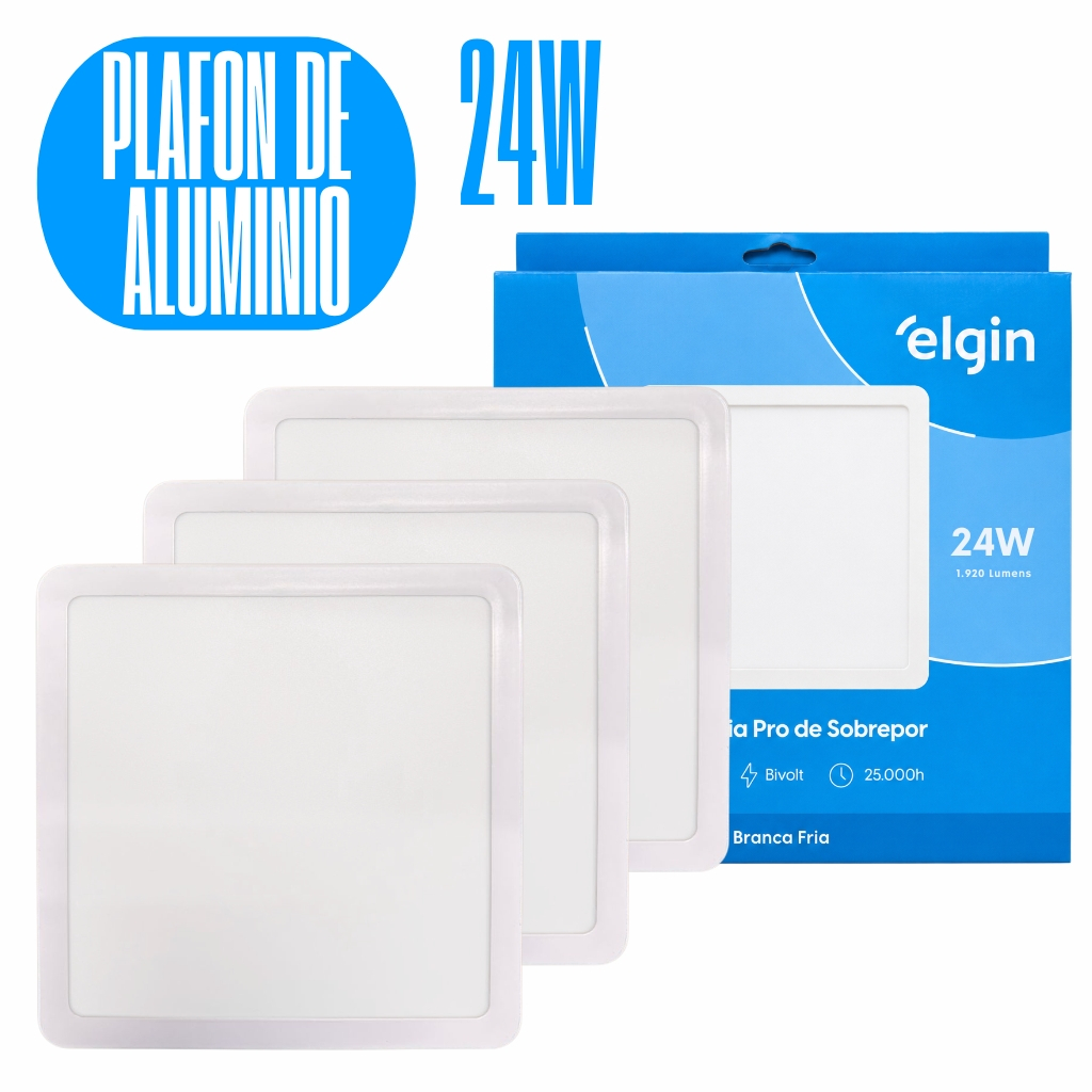 Kit 3 Luminária Painel Plafon Pro ALUMINIO Sobrepor Quadrado Led 24w 28,5x28,5 Bivolt - ELGIN