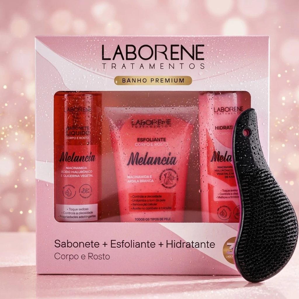 Kit Banho Premium Corpo e Rosto Sabonete 200ml, Esfoliante 170g e Hidratante 200ml + Escova Mágica — imagem 1
