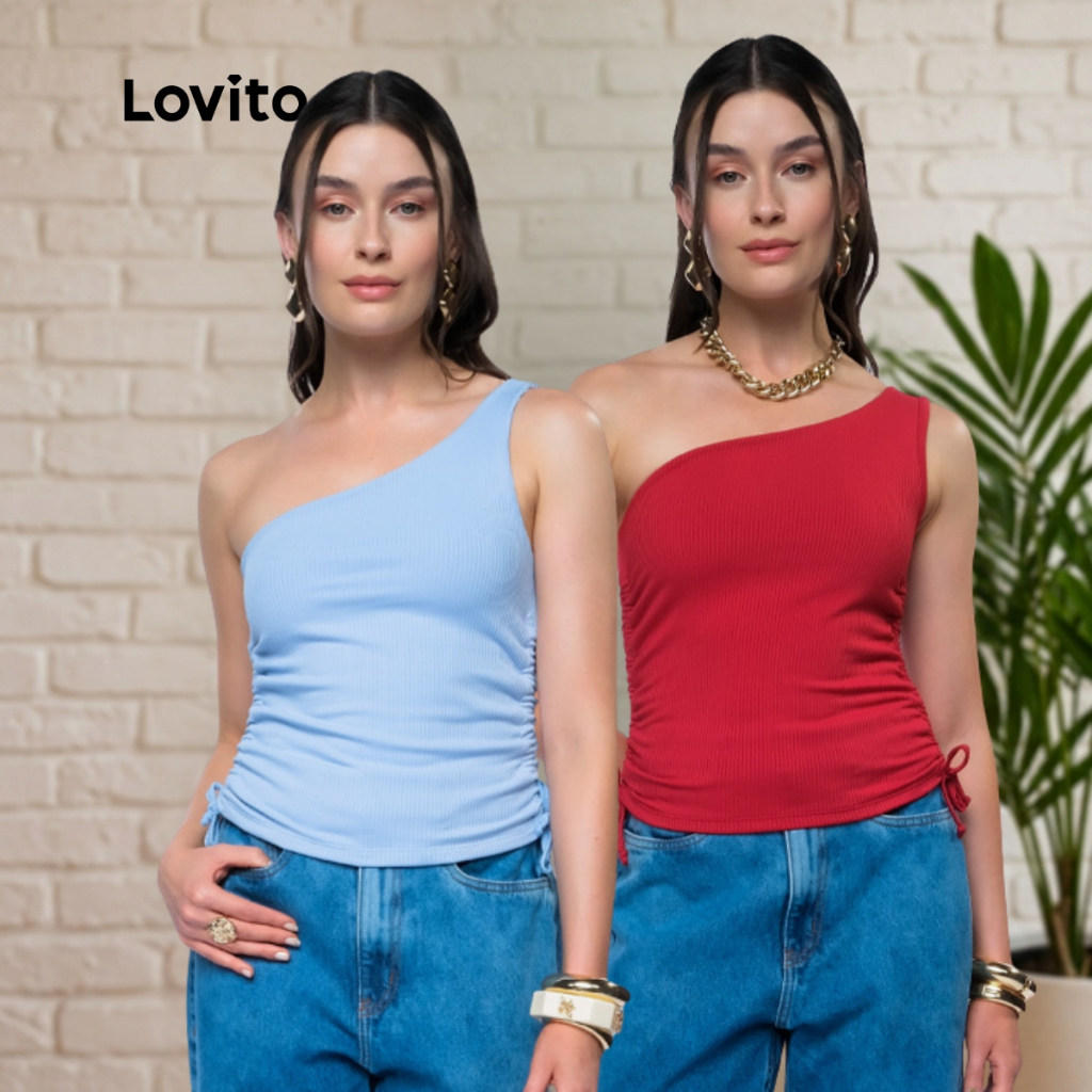 Lovito Kit 2 Regatas Um Ombro Só Feminina Franzido Lateral BRTTB1320BRL1350