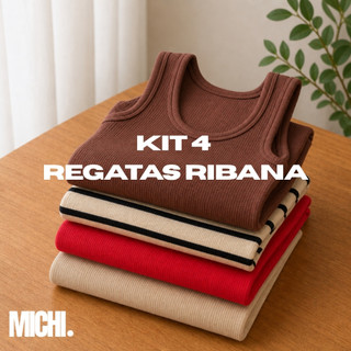 Kit 4 Regatas Ribana Algodão Feminino Canelada Básica Lisa Listrada Premium