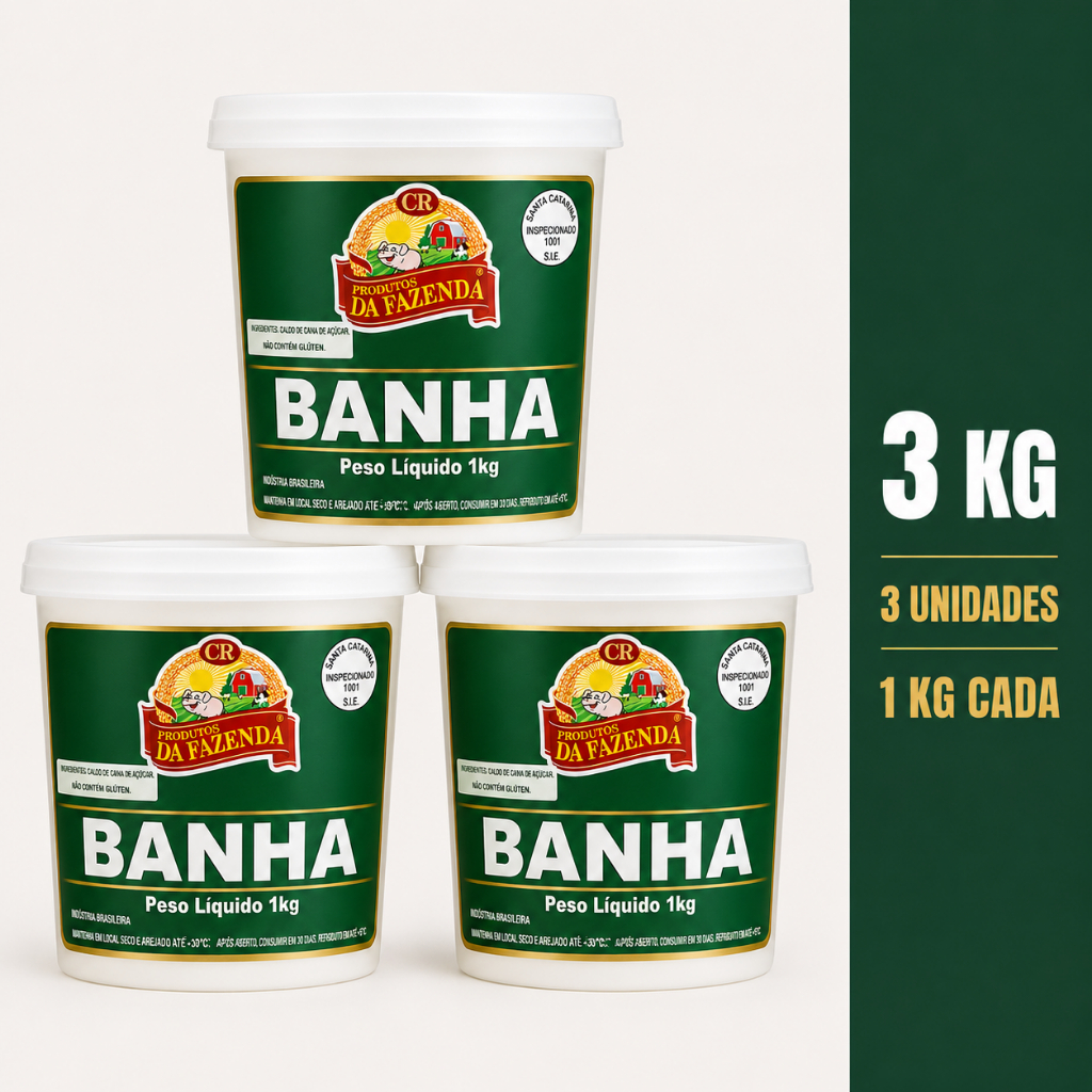 Banha Natural Suína Gordura de Porco Kit 3 Kg PRODUTOS DA FAZENDA