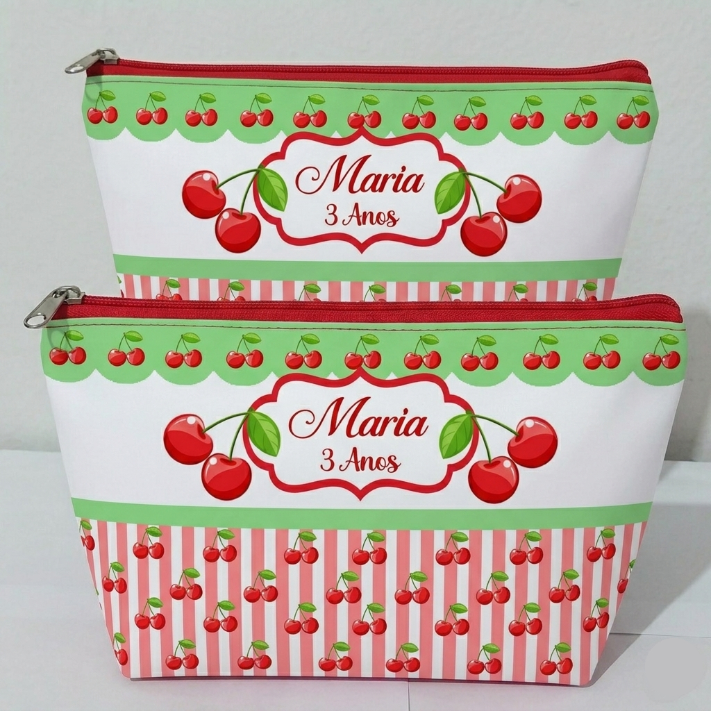Kit 20 Necessaire Personalizada Tema Cerejinha  com Nome Lembrancinha Personalizada Aniversário Chá de bebê Batizado lux