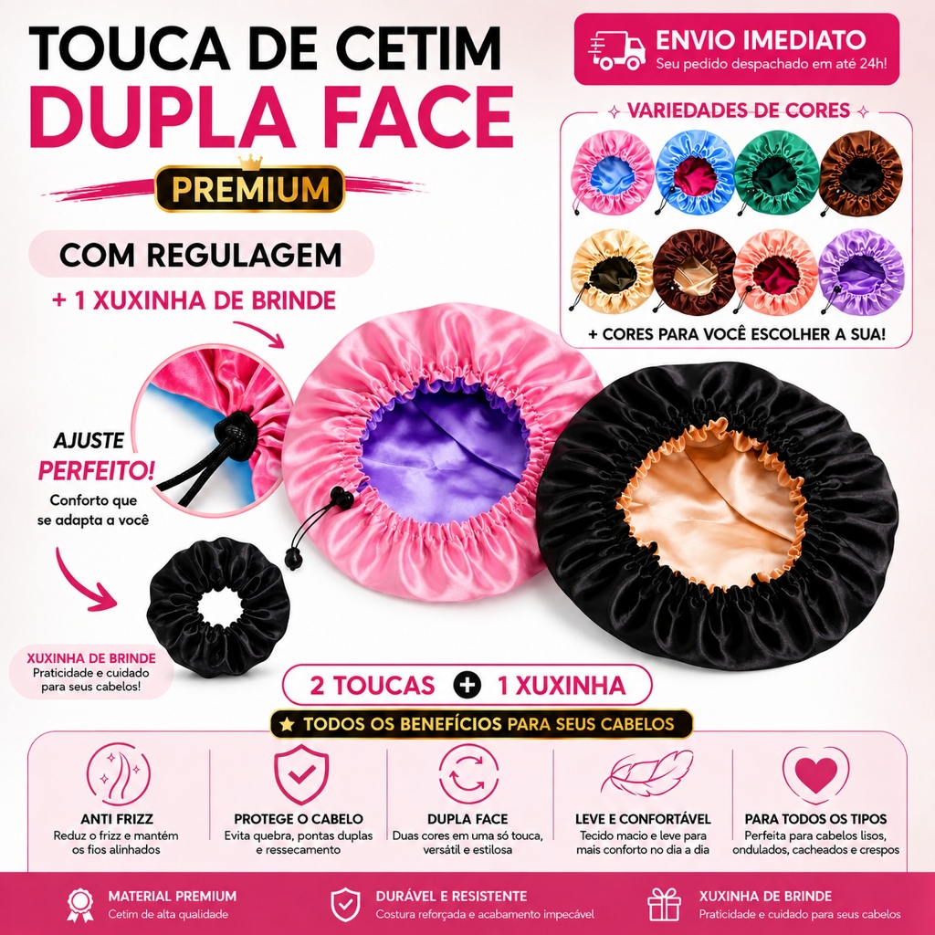 Kit 2 Toucas de Cetim Antifrizz Para Dormir Dupla Face Ajustável com Xuxinha Proteção Capilar