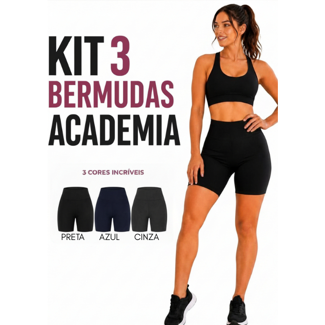 KIT 3 BERMUDA FEMININA ACADEMIA CÓS ALTO CICLISTA CORRIDA TREINO FITNESS CONFORTÁVEL PRETA AZUL CINZA