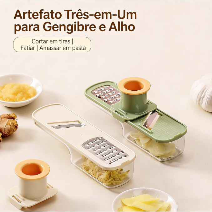Ralador de Aço Inox para Alho e Temperos Coletor Suporte de Plástico e Compartimento Auxiliar