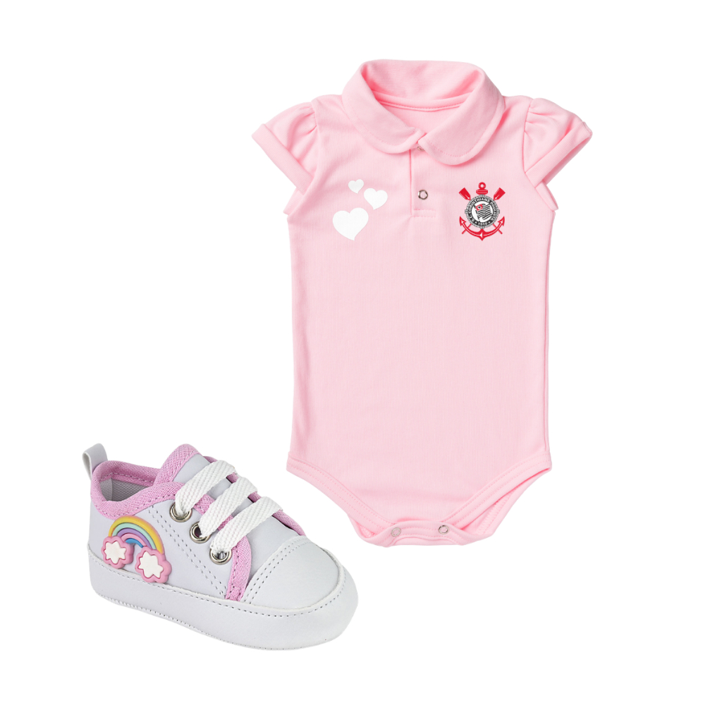 Kit 2 Peças Body Corinthians Rosa Torcida Baby Oficial e Tênis Bebe Mania Star 722-01