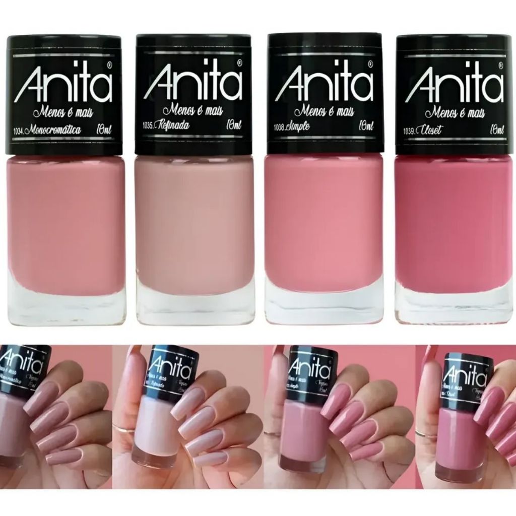 Kit Esmaltes Anita Coleção Menos É Mais - Vegano Tons de Nude e Rosa Manicure Pedicure 4 Cores