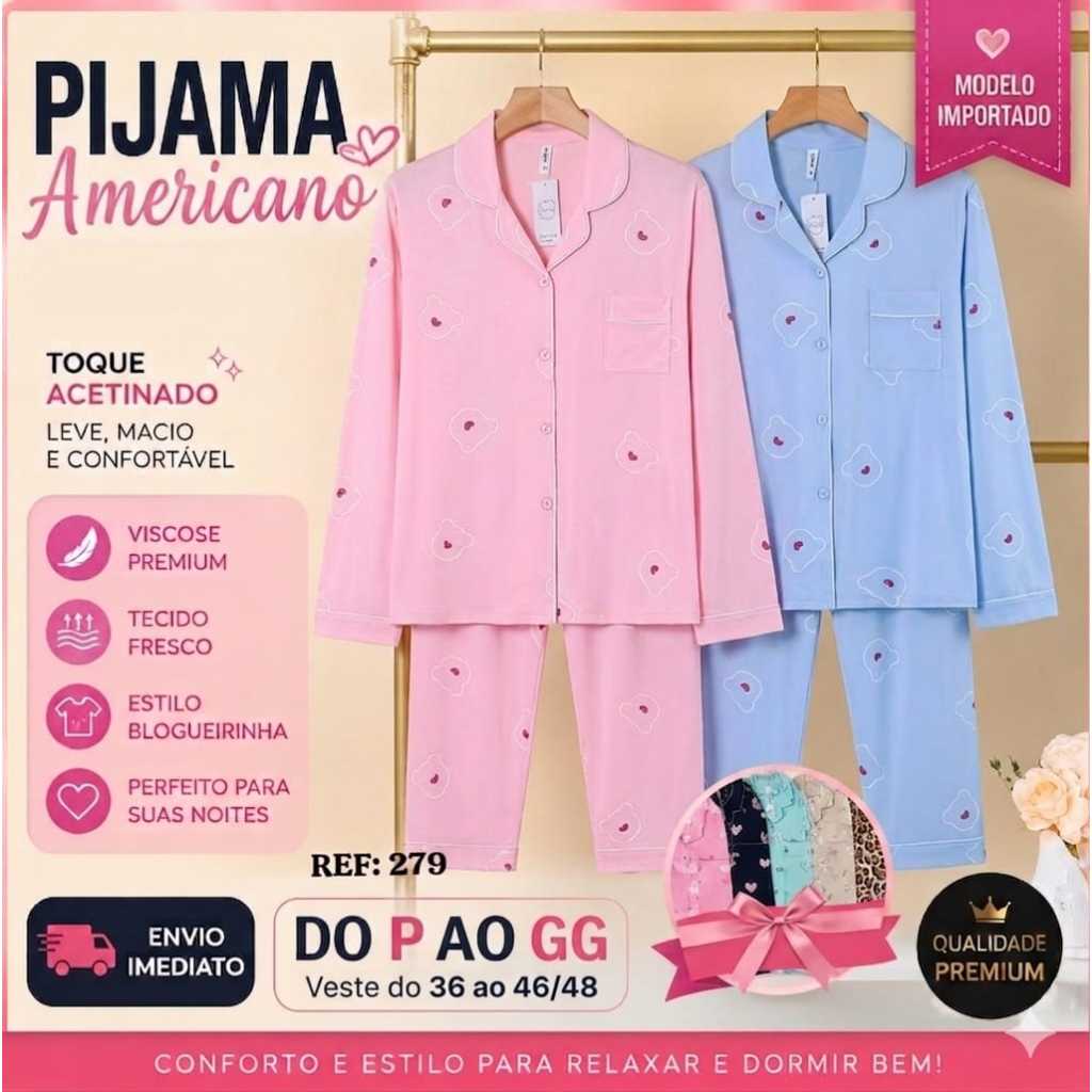 Pijama Feminino Longo Americano Acetinado Importado Térmico Moda Inverno Botão Premium P ao GG