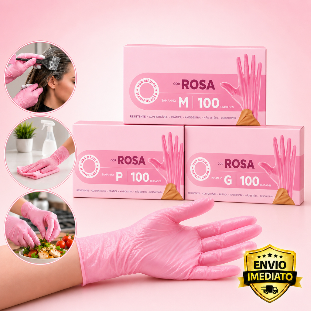 Luva Rosa Newflex Sem Pó com 100 Unidades Tamanho P M G | Descartável | Envio Imediato