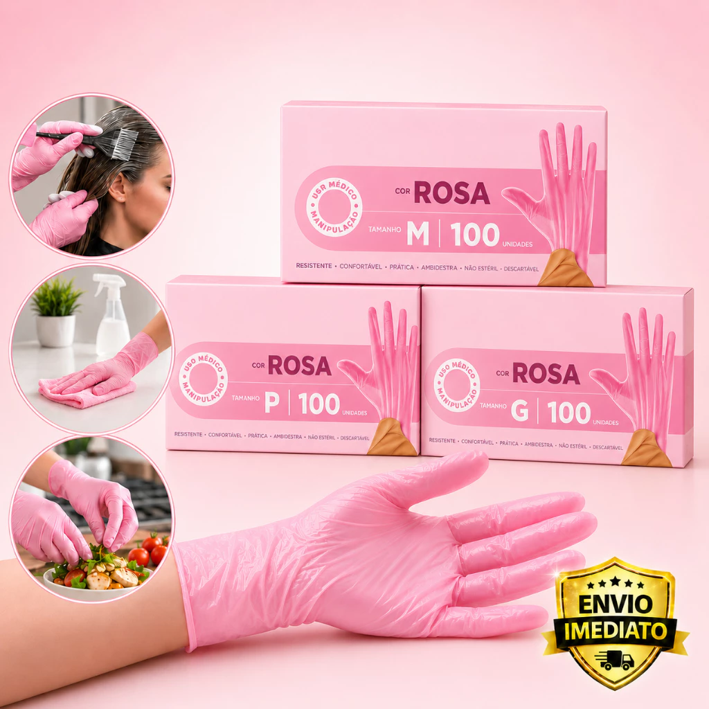 Luva Rosa Newflex Sem Pó com 100 Unidades Tamanho P M G | Descartável | Envio Imediato — imagem 1