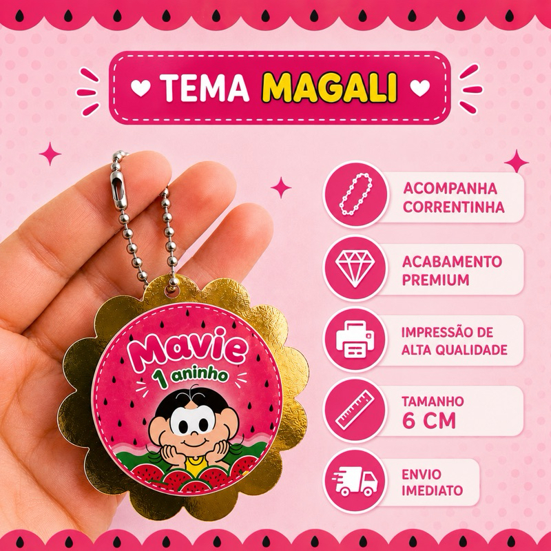 Aplique Tag 3D Magali Melancia Personalizada | Lembrancinha Festa Infantil c/ Nome e Idade