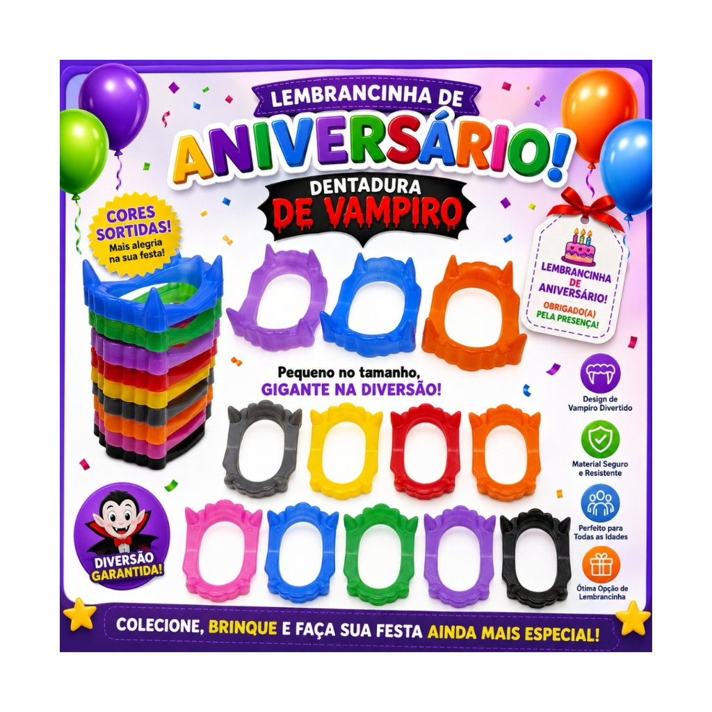 Pct 20 Dentadura de Vampiro Colorida Infantil Lembrancinha Festa Aniversário Halloween Kit Sortido