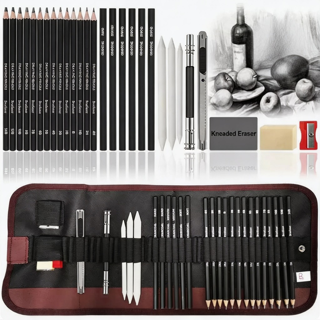 KIT 28 Peças Lápis Desenho Profissional Grafite Carvão Material de Arte para Esboço e Artesanato S751
