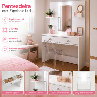 Penteadeira Compacta Com Espelho Maquiagens Com LED 2 Gavetas Mesa Camarim Prateleira 100% MDF