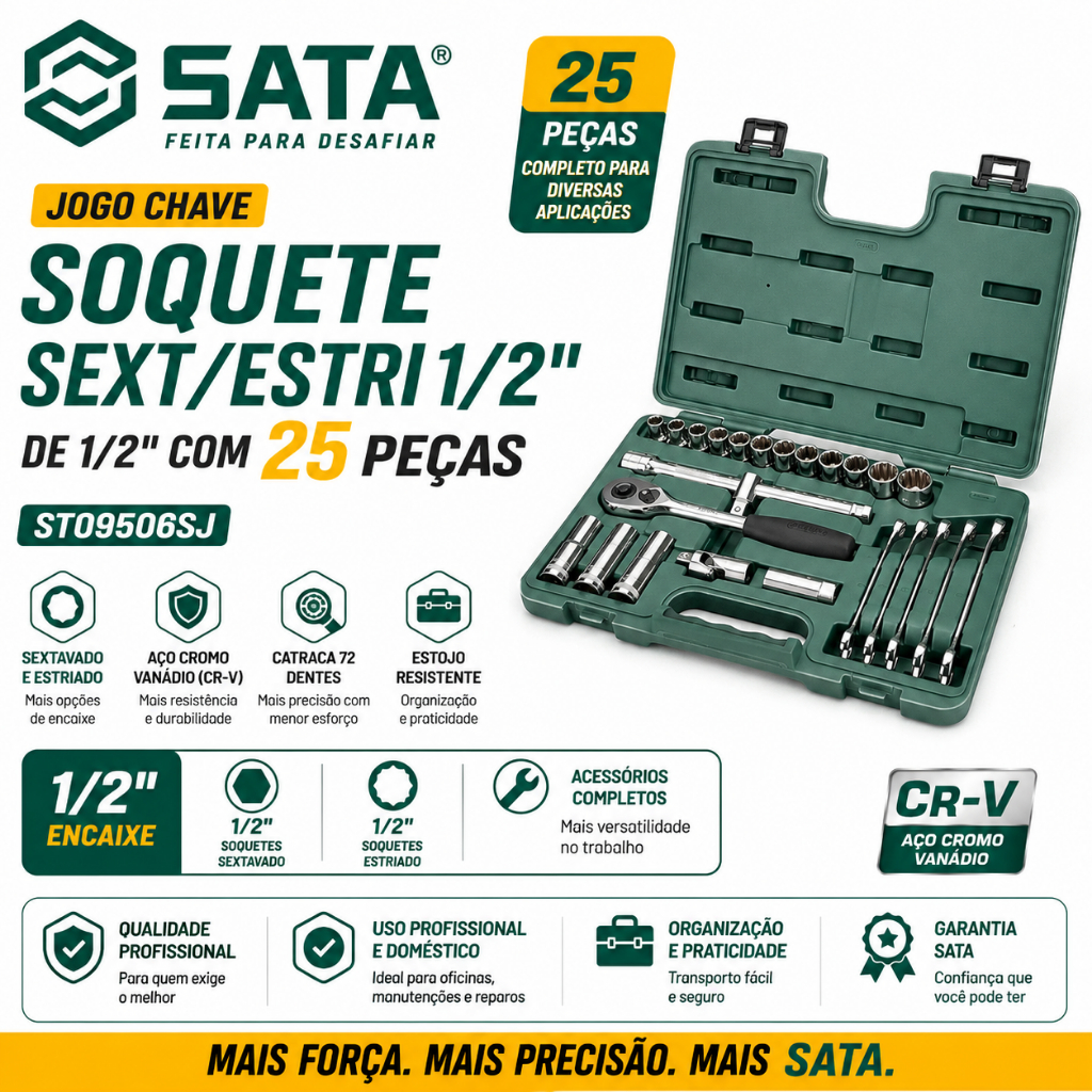 Jogo Chaves E Soquetes Estriado 1/2 Pol 25pçs St09506sj Sata