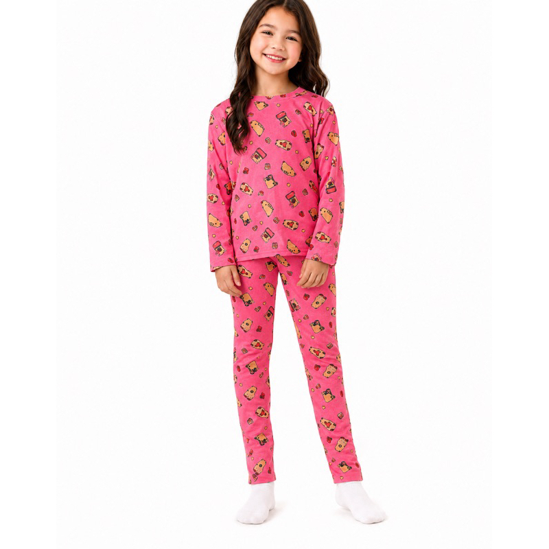 Pijama Térmico Infantil Menina Feminino Estampado Blusas Manga Longa + Calça Confortável