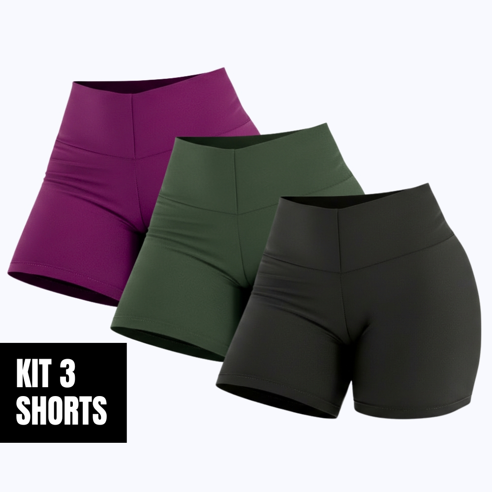 Kit 3 Shorts Fitness Feminino Cintura Alta Zero Transparência Cós Largo Academia P ao GG Minay