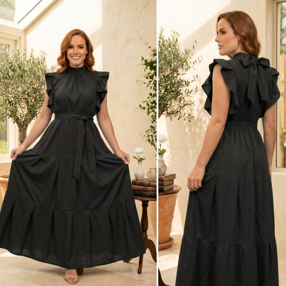 Vestido Feminino Longo Manguinha De Babado Gola Alta Allana