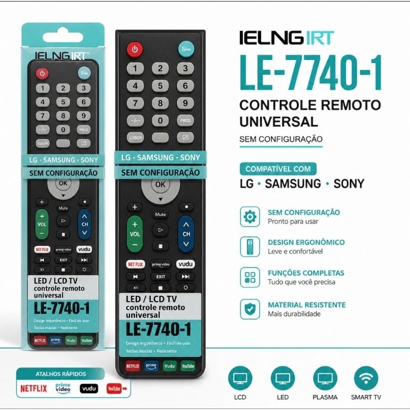 Controle Remoto Universal LEINGFIT LE-7740-1 Compatível com LG, Sony, Samsung, Philips e mais