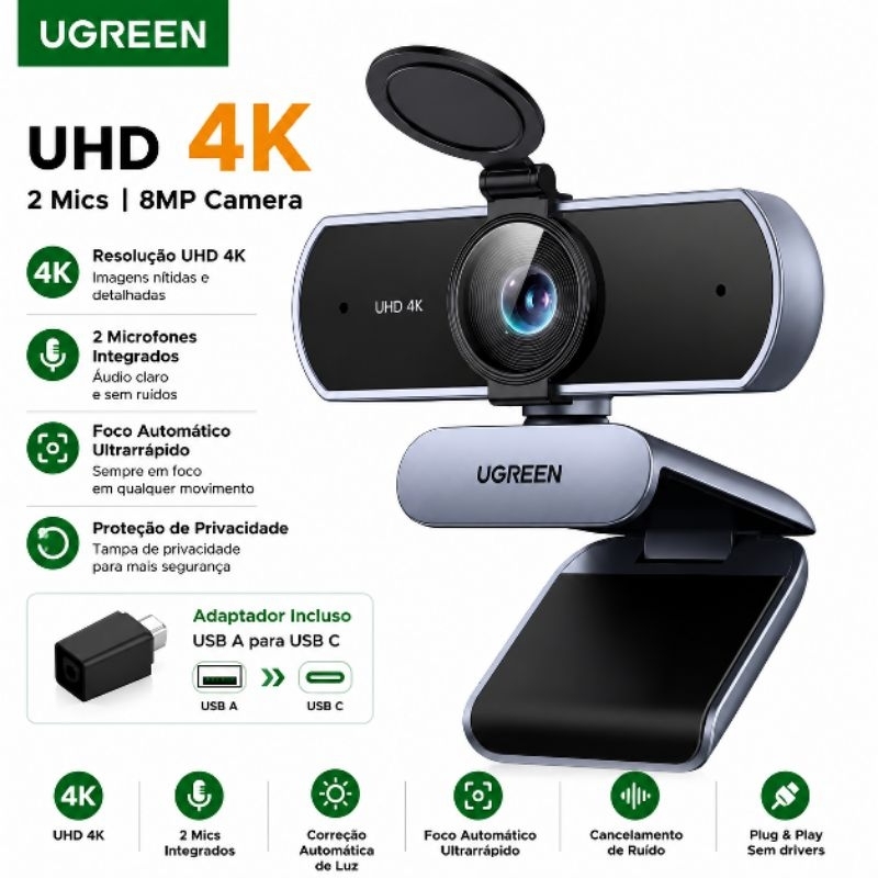 Webcam Ugreen 4K UHD Autofoco Microfone Duplo Cancelamento De Ruido USB