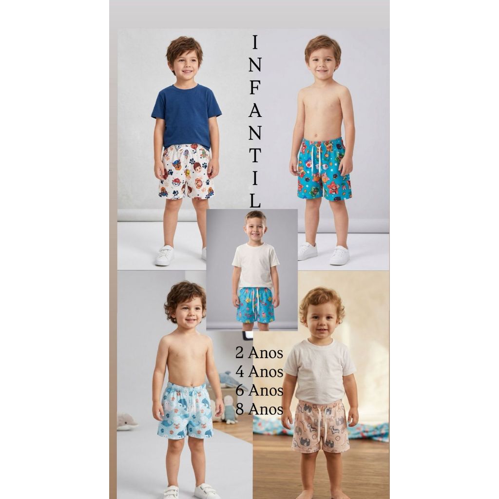 BERMUDA MASCULINA INFANTIL TACTEL COM ELASTANO. MODA KIDS, CRIANÇA, MENINO, 2 ANO,4 ANO,6 ANO,8 ANO