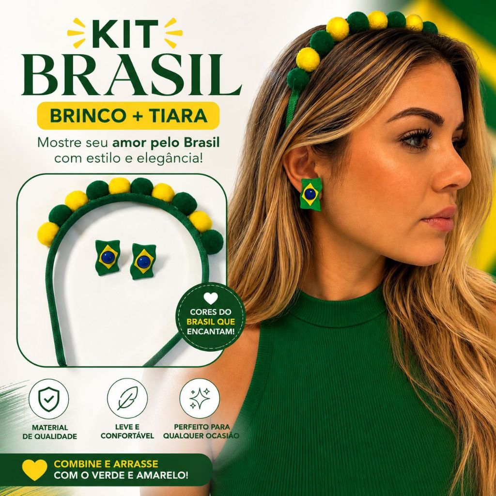 Kit Brasil Feminino Tiara + Brinco Copa Verde e Amarelo Fashion Torcida Estilosa