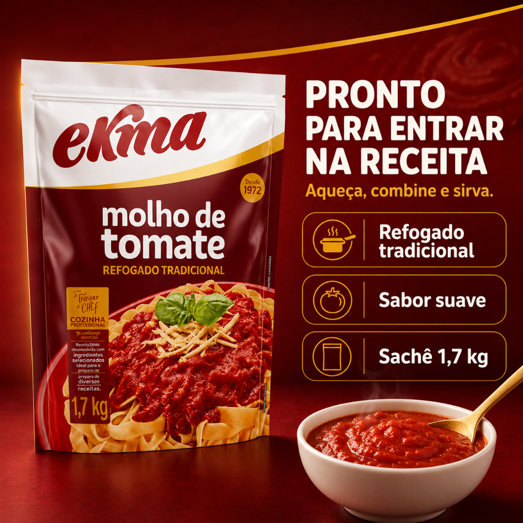Molho de Tomate Ekma 1,7kg Refogado Tradicional Kit 3 Unidades Grande Economia