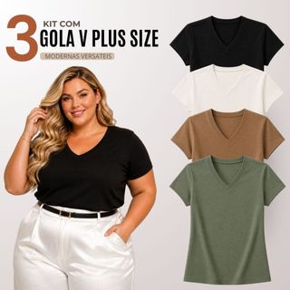 Kit 3 Blusas Feminina Plus Size Gola V Básica Casual - H00