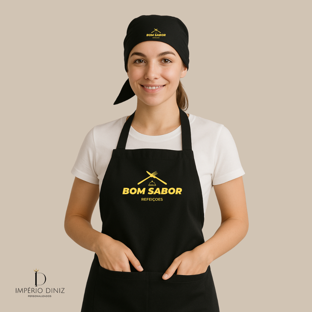 kit Avental +Touca Frente Unica Jaleco PRETO Com Sua Logo
