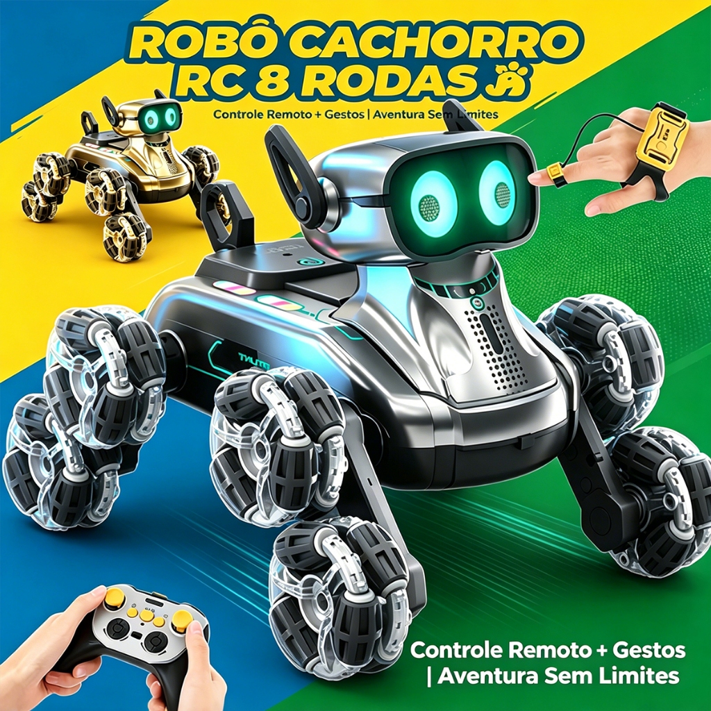 Cachorro Robô Inteligente com Controle Remoto 8 Rodas e Sensores de Mão Toca Música, Carro Educativo