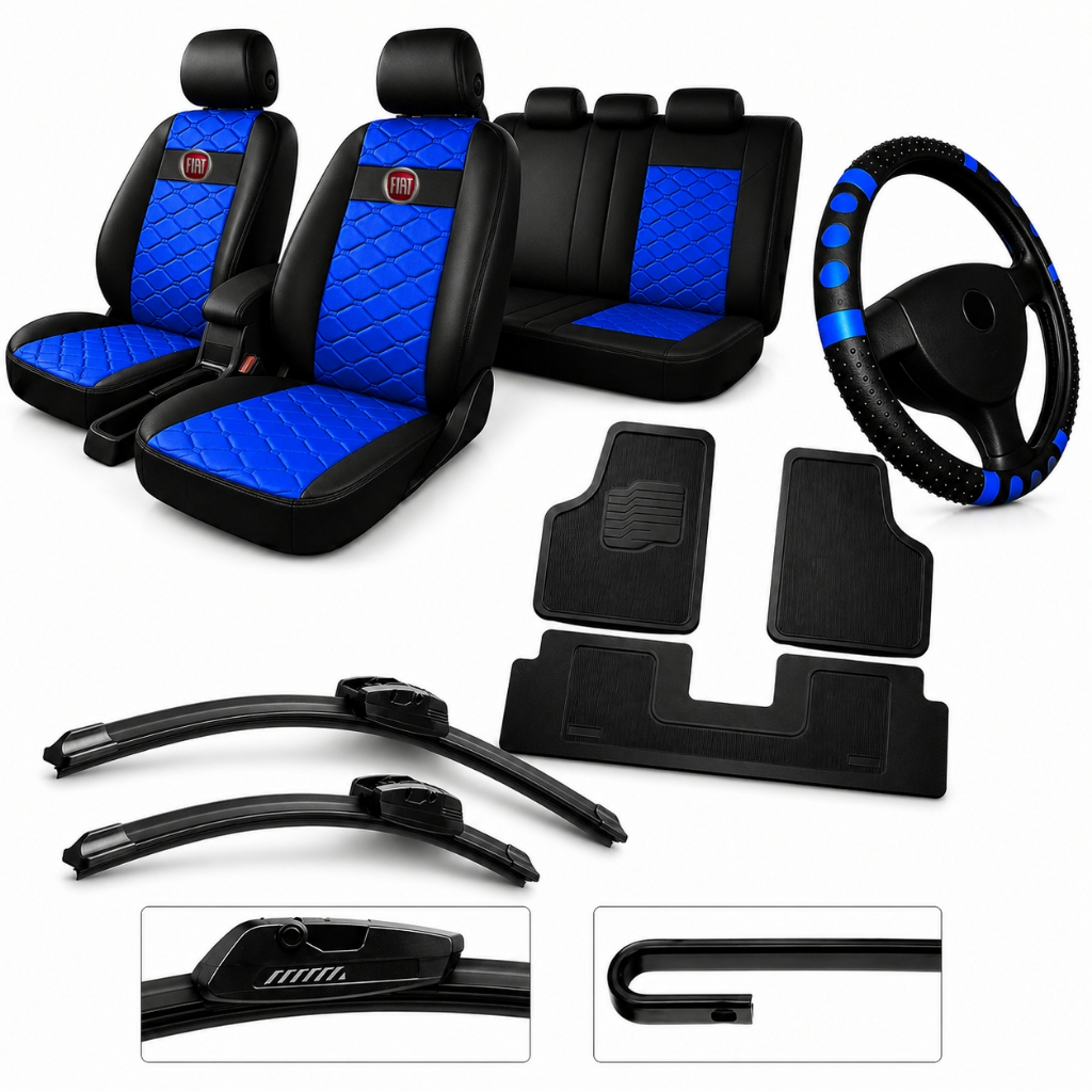 Kit Capas Pra Banco Couro Fiat Palio Uno + Tapetes de carro + volante + Palheta limpador parabrisa