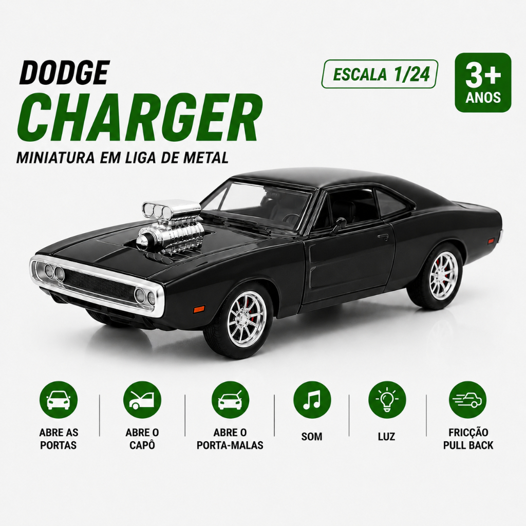 Carrinho Miniatura Escala 1:24 Dodge Charger Metal 1970 Velozes e Furiosos Som Luz Colecionável