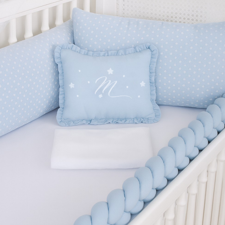 Kit de Berço Menino Azul Americano Personalizado Completo 100% Algodão com Trança e Mosquiteiro