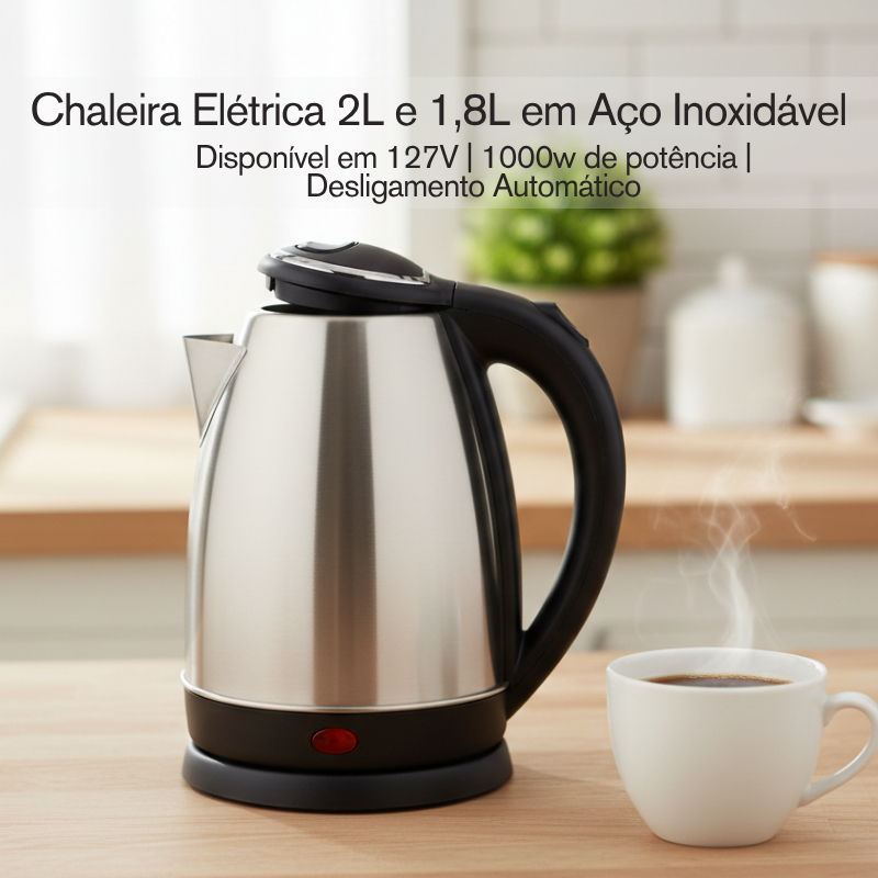 Chaleira Elétrica 2L 22x15Cm 127V 1000W De Aço Inox Desligamento Automático