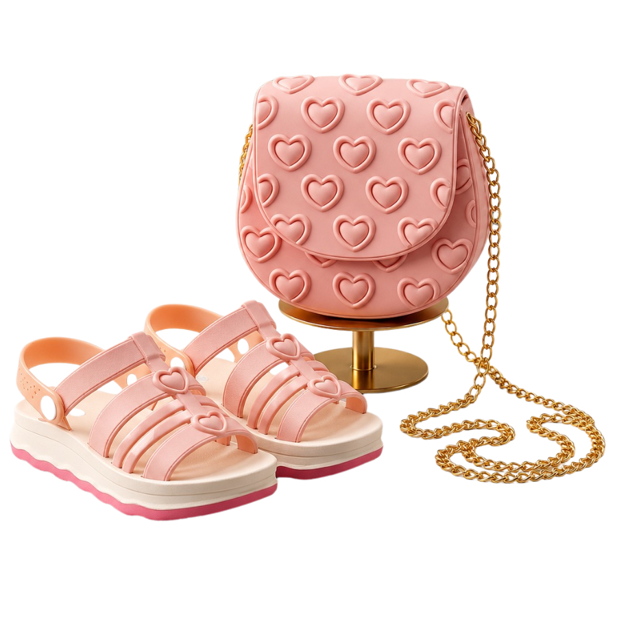 Kit Sandalia Infantil Menina com Bolsa de Coração Elegante