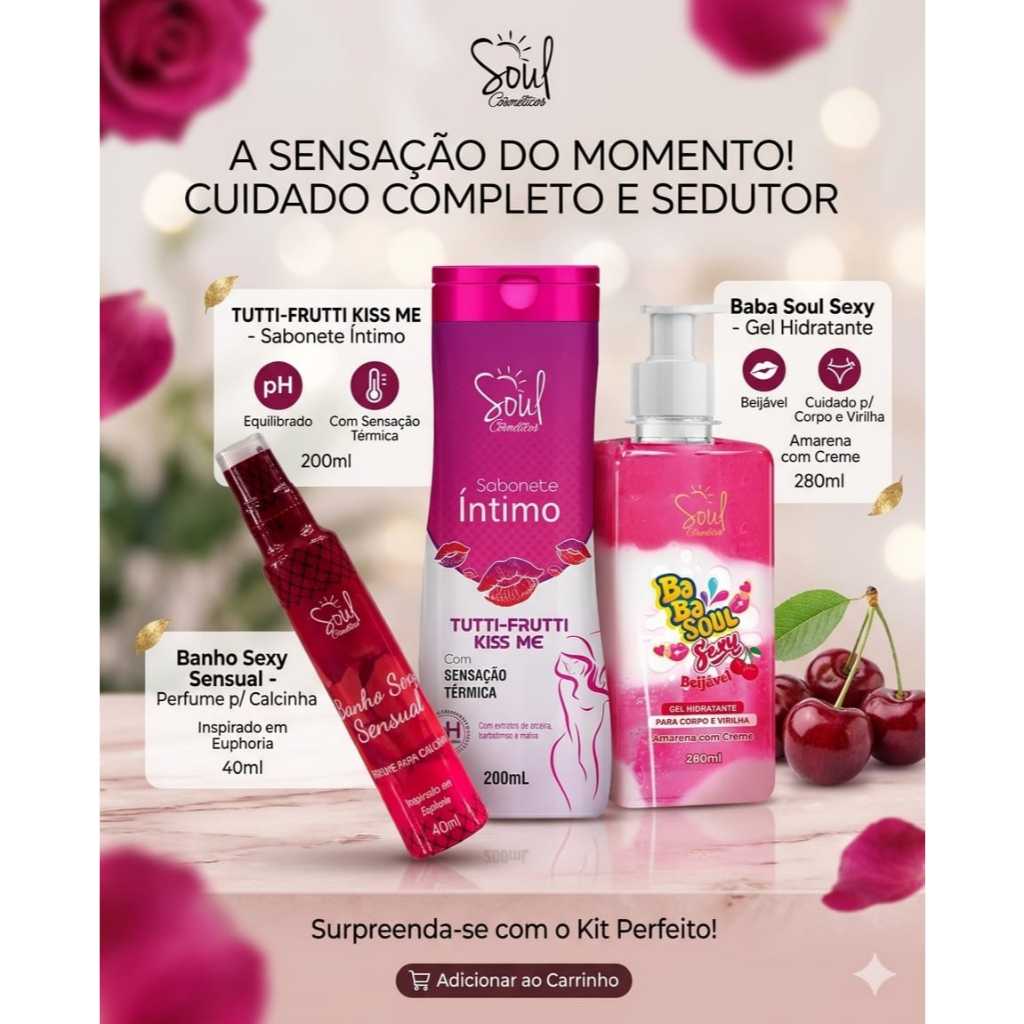 KIT 03 Cuidado Intimo  Hidratante Beijável + Perfume Calcinha + Sabonete intimo tutti-Frutti