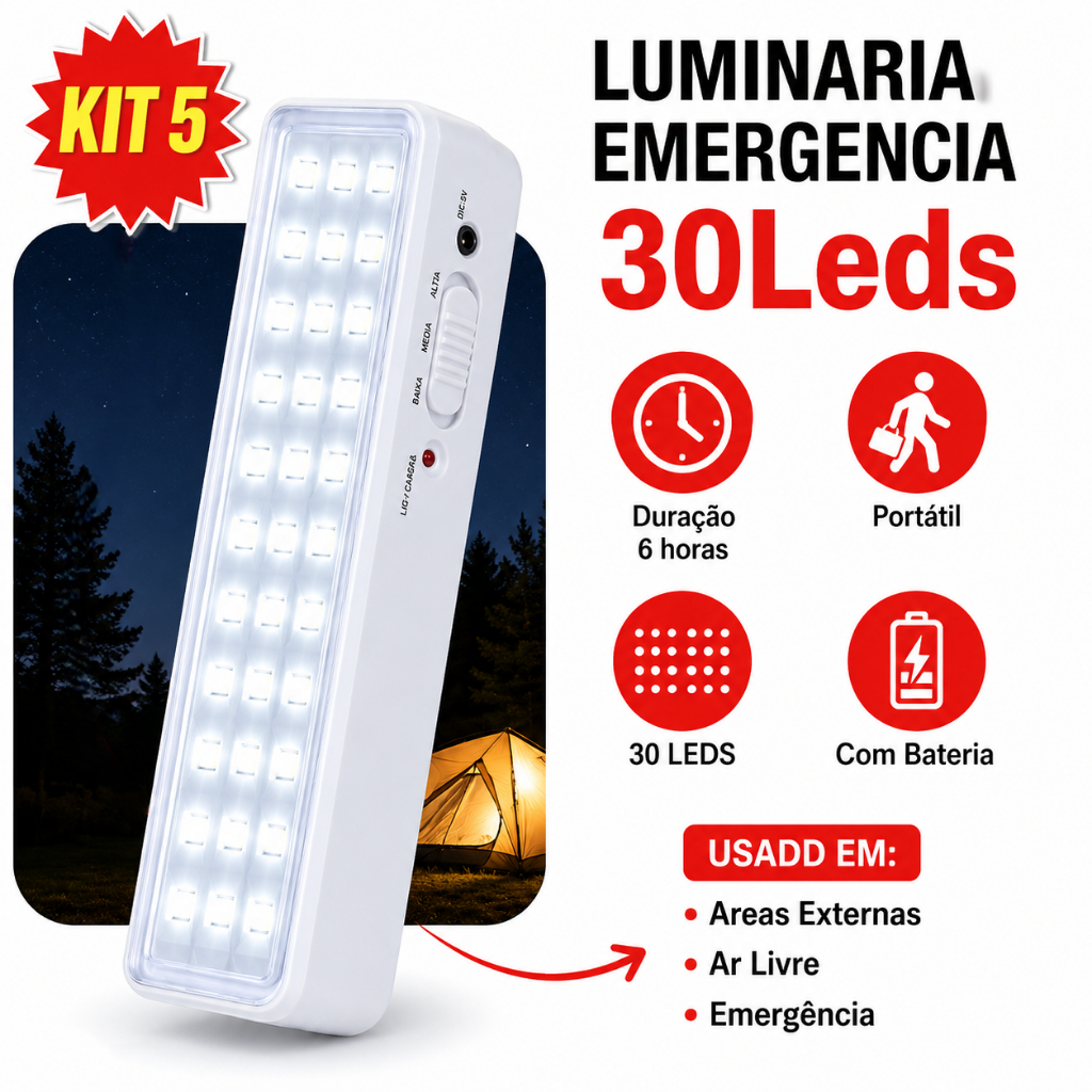 Kit 5 2W 6500K Luminária de Emergência 30 LEDs Bivolt 127/220V 120LM Branco Frio Compacta para Casa