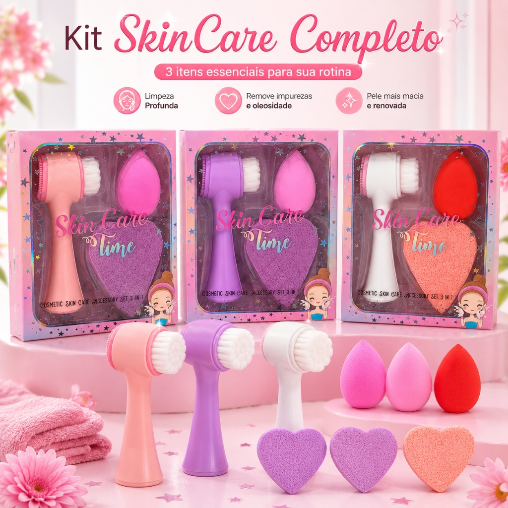 Kit Skin Care 3 Peças Escova Limpeza Facial 2 Em 1 Com Esponja Facial e Esponja Aplicadora