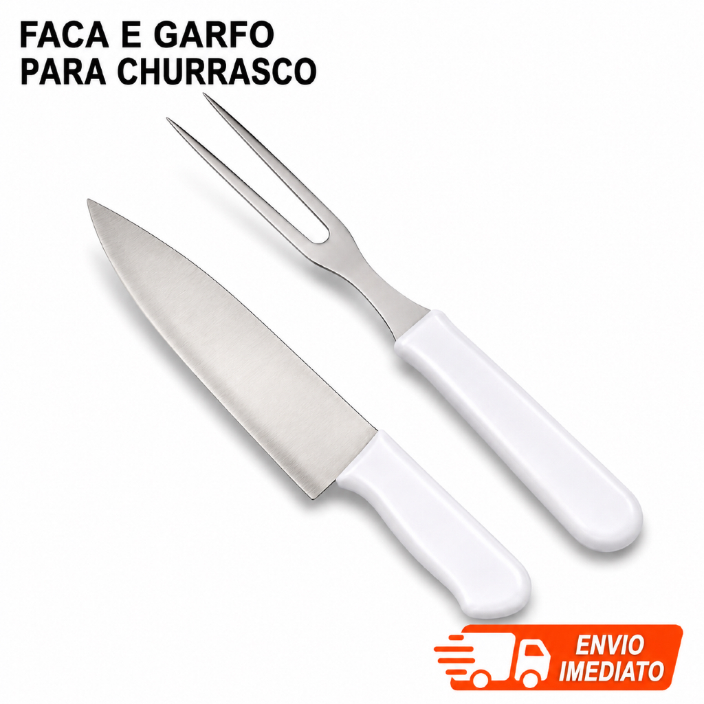 Kit Churrasco Inox Cabo Branco | Kit Trinchante Gourmet Alta Qualidade Kit Faca Mais Garfo Churrasco