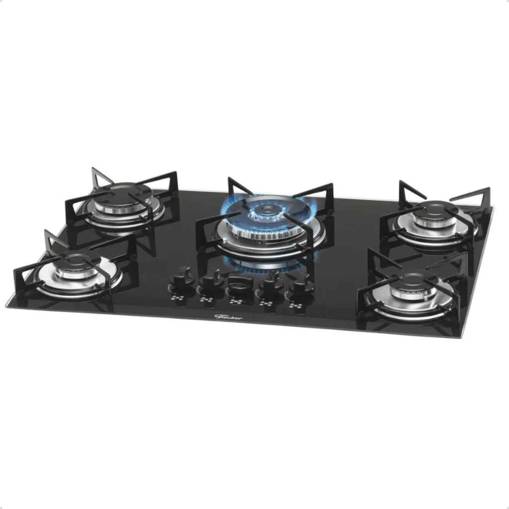 Cooktop A Gás 5 Bocas Fischer Bivolt Mesa de Vidro Temperado 3000W Acendimento Superautomático