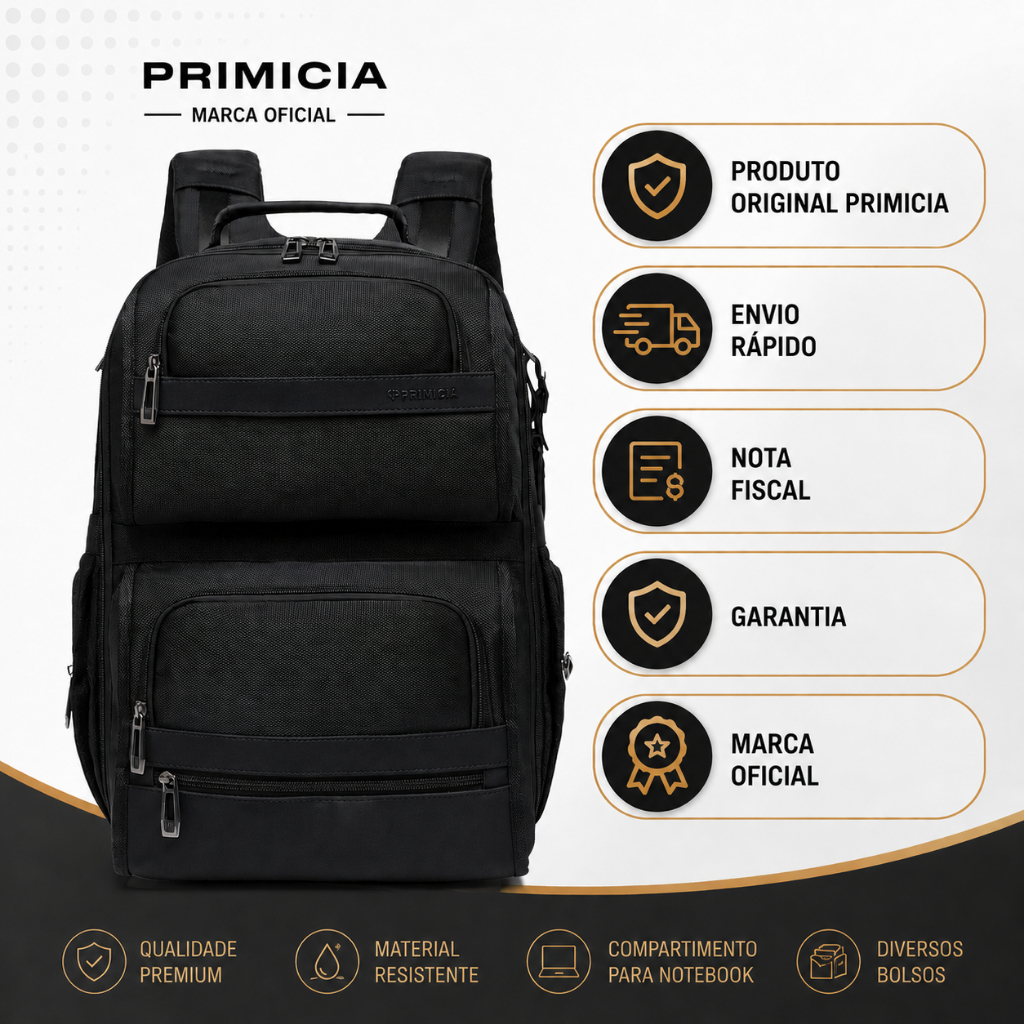 Mochila Executiva Primicia Notebook Trabalho Antifurto Espaçosa Resistente Faculdade Passador Mala