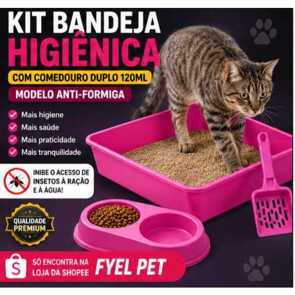 Kit para Gato | Kit Bandeja Higiênica para Gato + Comedouro Duplo Anti Formiga | Sanitario Gato