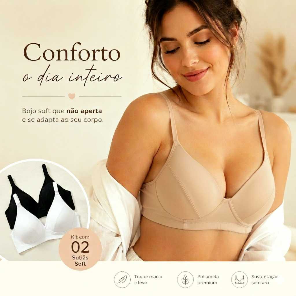 Sutiã Sem Aro Com Bojo Soft Poliamida Kit 2 Ultra Conforto Macio Sustentação 06 Cores P ao GG