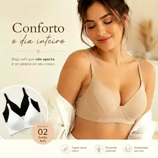 Sutiã Sem Aro Com Bojo Soft Poliamida Kit 2 Ultra Conforto Macio Sustentação 06 Cores P ao GG