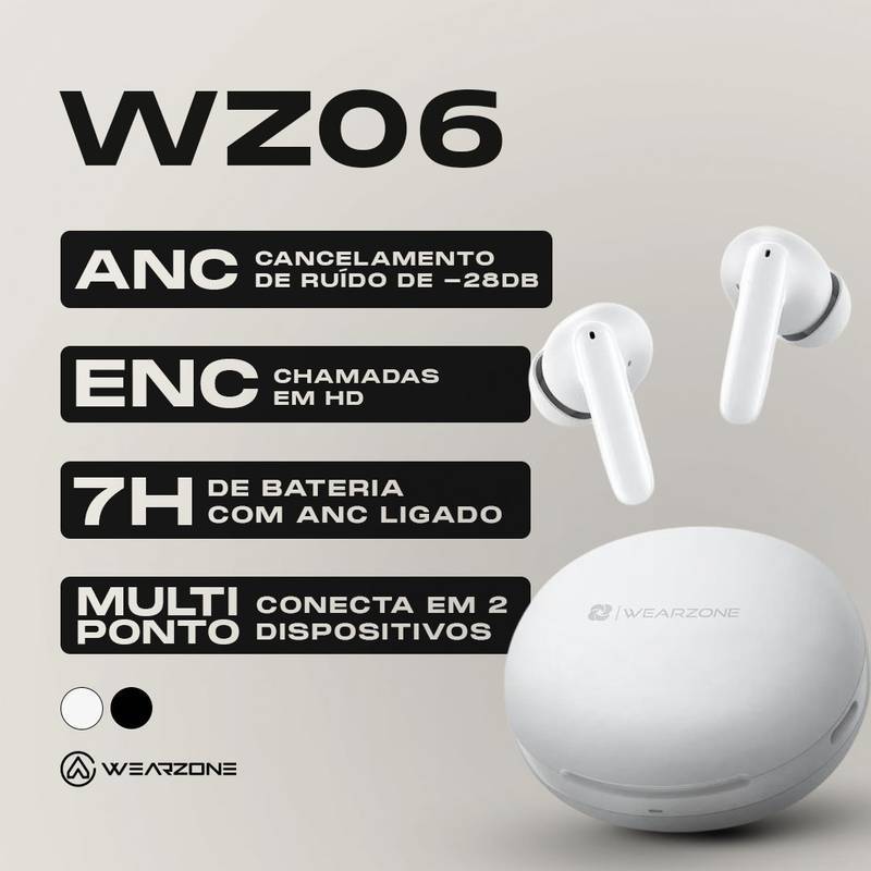 Fone De Ouvido Bluetooth 5.3 Tws Wz06 Wearzone Anc Até 28db
