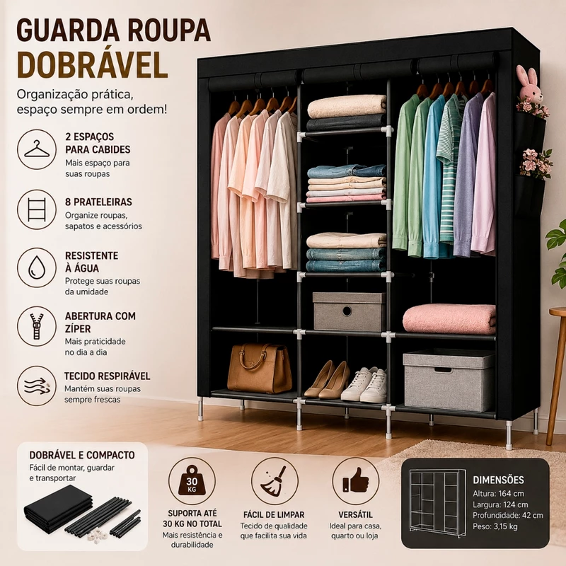 Guarda-Roupa Armário Dobrável Portátil com Cabideiro — foto 3