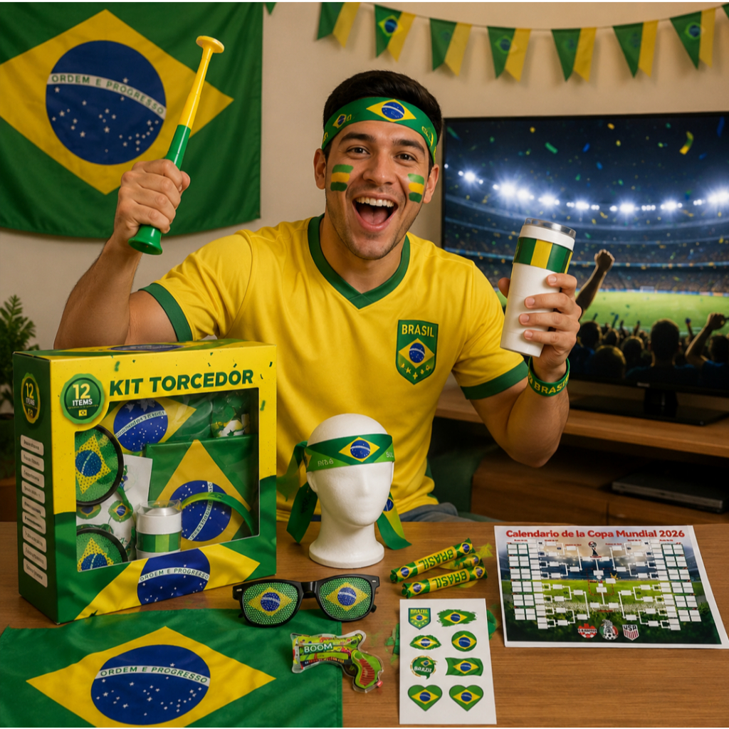 Kit da torcida para copa do mundo 2026 Brasil Bandeira, Flag, óculos cachecol verde amarelo 12 peças