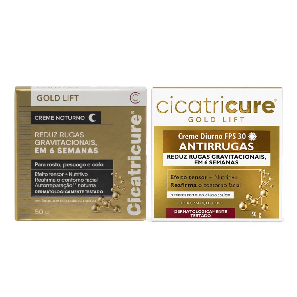 KIT CREME GOLD LIFT DIURNO FPS30 + NOTURNO REDUZ RUGAS CICATRICURE 50G - 2 ITENS