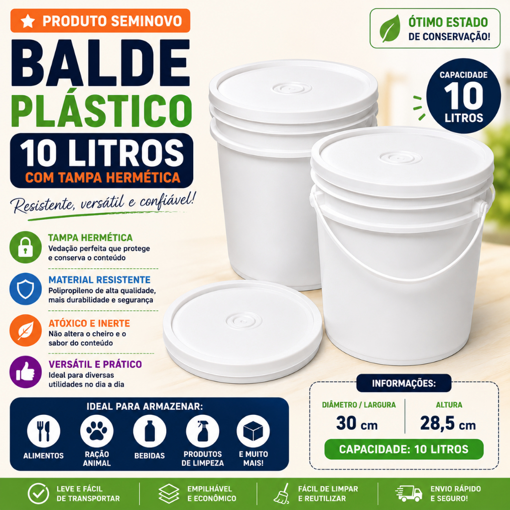 Kit 5 Balde Plástico 10 Litros Para Limpeza Plástico Industrial Utilidades