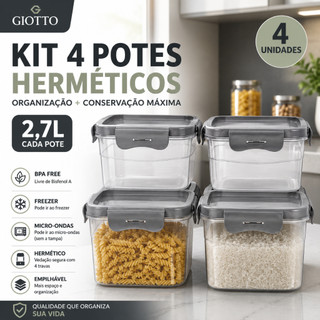 Kit 4 Potes Quadrado Com 4 Travas 2,7L Cinza bpa free alimentos condimento frezeer microondas Giotto